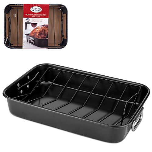 Alpine Cuisine Turkey Roaster Pan with Rack 16-Inch – Nonstick Coating Carbon Steel Pan – Black & Heavy Duty Roasting Pan – Easy to Clean, Multipurpose Use – Durable & Dishwasher Safe