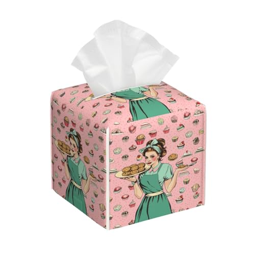 Image of NAITIZ Square Leather Napkin Box Cover, Retro Women Holding Grilled Food Patterned - Decorative Tissue Dispenser for Bathroom, Bedroom, Car Interior, and Office Space, 20240517