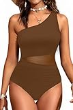 Yonique Women One Piece One Shoulder Swimsuit Mesh Bathing Suit Tummy Control Swimwear Brown M