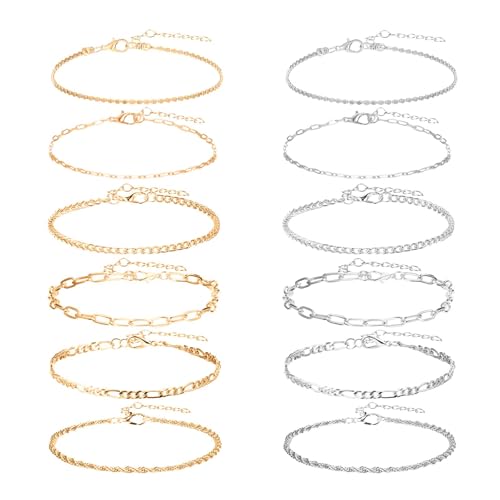 KFHENSOMR Ankle Bracelets for Women 12 Pcs Gold/Silver Plated Layered Cuban Link Chain Anklets Set Dainty Ankle Bracelet Summer Boho Jewelry Waterproof Anklets for Women Adjustable Size