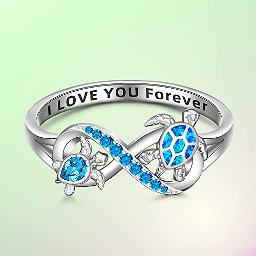 Turtle Ring For Women Infinity Blue Opal Sea Turtle Ring Sterling Silver 925 Cute Ocean Tortoise Band Jewelry Friends Mothers Day Christmas Gifts Size 10 #TOP7