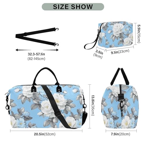Rose Travel Gym Bag, Rose White Spring Pattern Weekender Overnight Duffle for Women with Toiletry Bag Travel Swim3