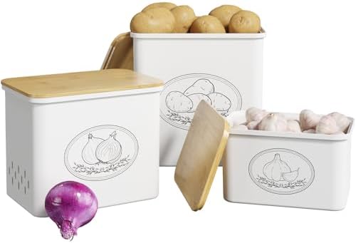 Lifewit 3er Set Kartoffel Aufbewahrungsbox, zwiebel aufbewahrung, Weiß | Kunststoff behälter für Kartoffel Zwiebel knoblauch Aufbewahrung, Stapelbare Kartoffelbox Küche mit Frische