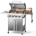 Electactic Propane Gas Grill 4 Burners, 32000 BTU Outdoor Barbecue Grill with Stainless Steel Body & Heavy-Duty 304 Grill Grates, Foldable Side Shelves & Built-in Thermometer, Portable with Wheels