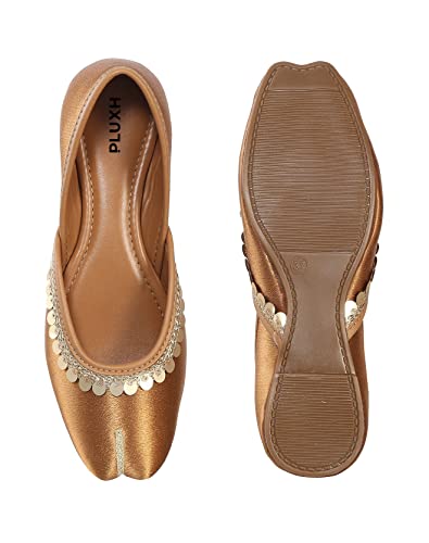Image of Pluxh Women's Ethnic Jutti Shoes | Shiny Finish Mojari with Sequin Border | Soft Cushioned Slip-On Flats for Casual