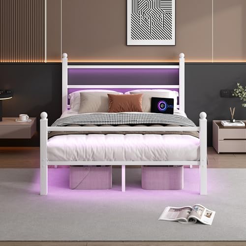CLIBFENG Full Size Bed Frame with Headboard and Footboard Steel Slats Support-LED Bed Frame with USB Charging Station Mattress Foundation-Under Bed Storage No Box Spring Needed Noise Free White
