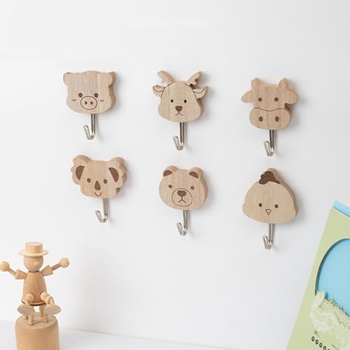 Lguaquanx 6 Stück Tier Kleiderhaken für Kinder, Kindergarderobe Wandhaken Holz Ohne Bohren, Selbstklebend Tier Haken, Garderobenhaken Kinder Für Schlafzimmer Badezimmer Küche Deco Geschenk