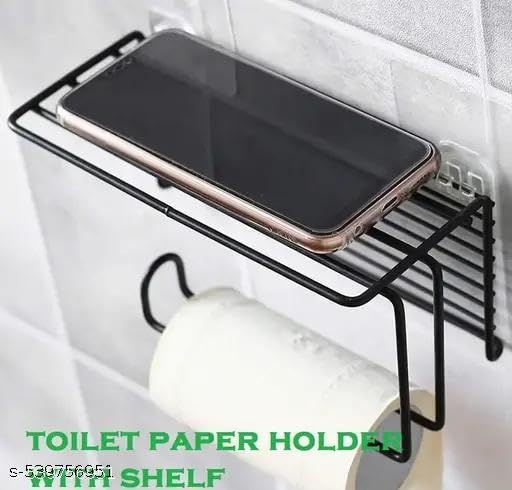 2 PIS Set No Drill Self Adhesive Toilet Paper Holder/Tissue Paper Roll Holder with Mobile Stand/Towel Holder/Bathroom Accessories (Black, Pack of 2)2PIS (Mobile+Tissue) / 515_KP2191 4