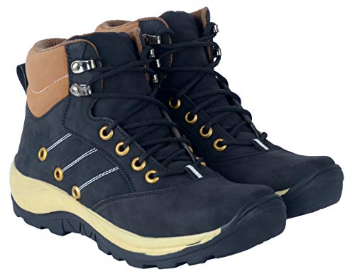 Image of Hiking Boots, Black and Tan, Lace-Up High Ankle, Metal Eyelets, Rugged Outdoor Footwear