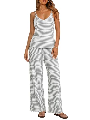 Image of Ekouaer Womens Y2K Cami Pajama Set with Flare Pants, 2 Piece Lace Trim Sleepwear Spaghetti Strap Pjs Set XS-2XL