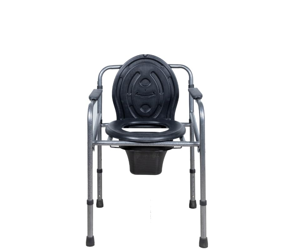 CURENEXT SYSTEMS Foldable Commode Chair for Adults & Patients with Backrest, Armrest, Removable Bucket, Height Adjustable 100kg Capacity