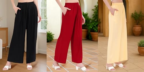 Image of Buy That Trendz Palazzo Pants for Women Rayon Elasticated Regular Fit Flared Wide Leg M to 6XL Pack of 3