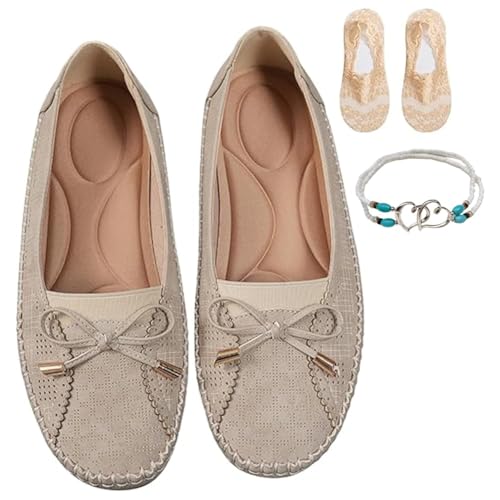 Curvahouse Orthopedic Leather Shoes, Lightweight Anti-Slip Breathable, Ressy Slip-On Bow-Knot Round Toe Flats Loafers