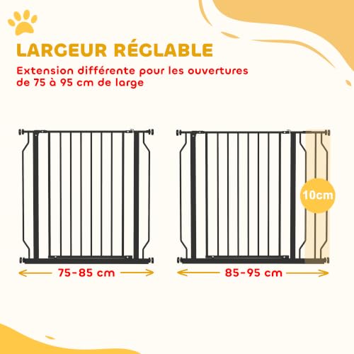 PawHut Barrière de sécurité Chien barrière Extensible 75-95 x 76 cm barrière escaliers couloirs Portes sans perçage en Acier et ABS Noir – vue 4