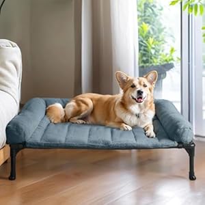 Veehoo Cooling Elevated Dog Bed with Fluffy Plush Bolster Cushion, Indoor Raised Dog Beds for Large Dogs, Soft Pet Sofa Cot with Removable Washable Mat, No-Slip Feet, 32 x 25 inches, Haze Blue
