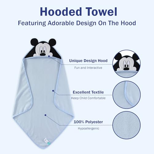 Image of Disney Baby Boys Mickey Mouse Hooded Bath Towel with 3 Washcloths Set for Newborn and Infants