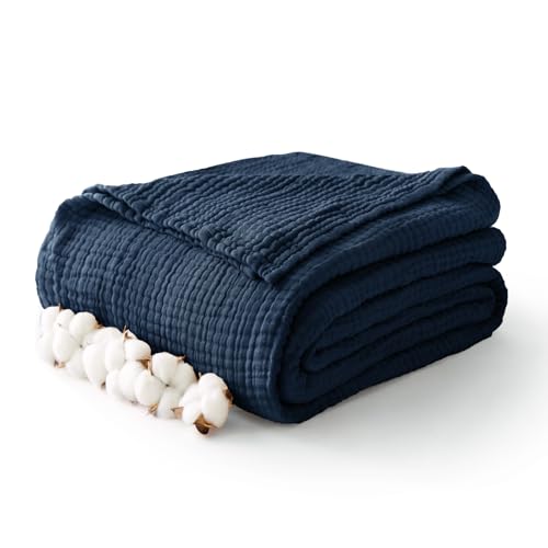 Image of 100% Cotton Muslin Blanket Twin 60 inch x 80 inch, Breathable and Lightweight Cotton Twin Blankets for Couch, Soft Cooling Summer Gauze Blanket for Adults All Season, Navy Blue