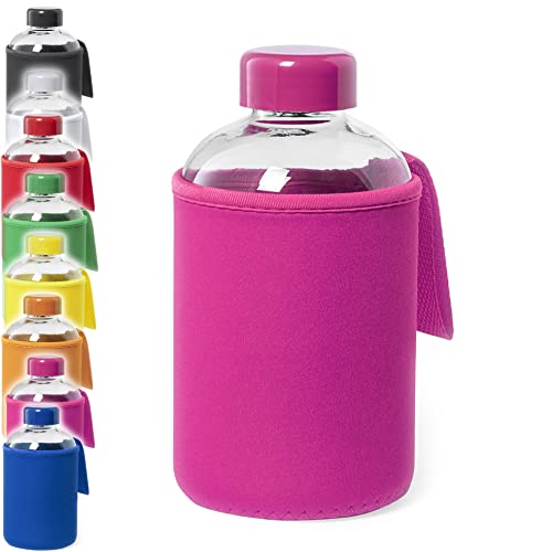 Generico Borraccia da 600ML in Vetro Tappo A Vite Cover Custodia Maniglia Trasporto Sport (FUCSIA)