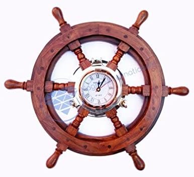 Miniatura 2 de Nagina International Rueda de barco marítima decorativa para el hogar con ojo de buey de latón, reloj de cuarzo, decoración del hogar pirata,