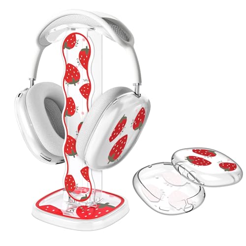 DiyGody Funda Transparente Compatible con Apple AirPods MAX 2024/2020, Cover Protectora de Auriculares Accesorios+Soporte Universal para Auriculares Portátiles Desmontables con Base Resistente, Fresa