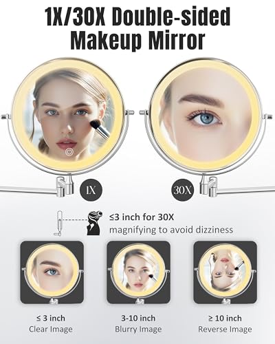 Image of 30X /1X 8 Inch Wall Mounted Magnifying Makeup Mirror with Light for Bathroom
