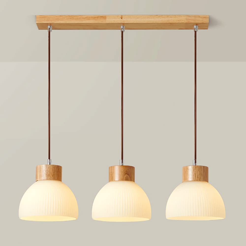Lampe suspendue en bois 3 têtes E27 et verre rayé pour îlot cuisine
