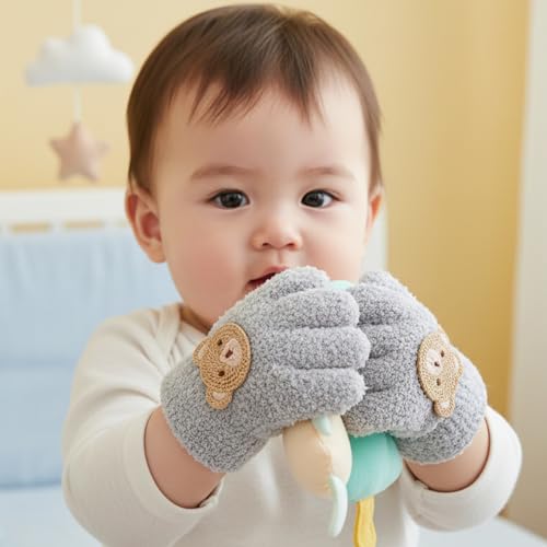Image of Kraptick Kids Winter Gloves - Ultra-Soft Thick Knit Fuzzy Warm Mittens for Boys & Girls Cute Bear Patch Thermal Hand Warmers for Toddlers & Children -1