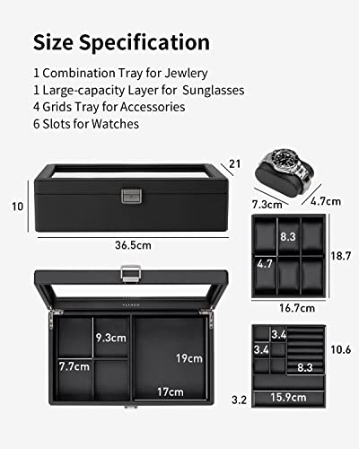 VLANDO Uhrenbox Uhrenkasten mit Glasdecekel, Watch Box für Herren, Uhrenaufbewahrung Schmuckaufbewahrung, Multifunktionale Uhrenvitrine mit 6 Uhrenkissen – Bild 3