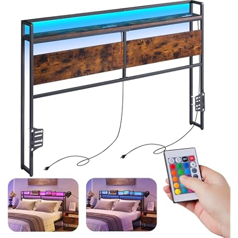 ELYKEN Headboard for Queen Size Bed, Backboard with Outlets, USB Port, LED Light, Headboard with Shelf, Freestanding Sturdy Back Board with Adjustable Accessory to Different Bed Frames, Rustic Brown Cover