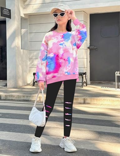 Image of Girls Clothes, Girls Outfits Tie Dye Sweatshirt Tops and Leggings Sweatpants 2 Piece Fall Winter Clothes Set 6-16T