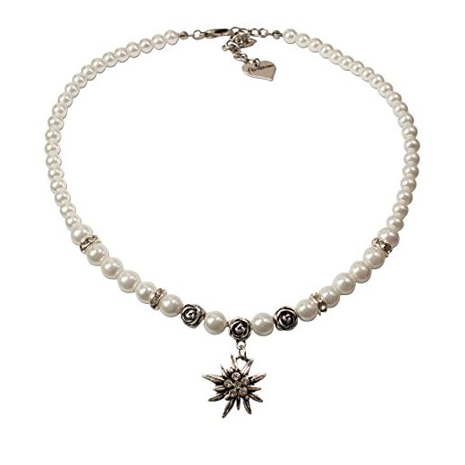 Alpenflüstern Traditional bavarian pearl necklace Fiona with rhinestones Edelweiss small , Ladies costume jewelry, beaded necklace for Dirndl, Leather trouser, Oktoberfest (cream-white)