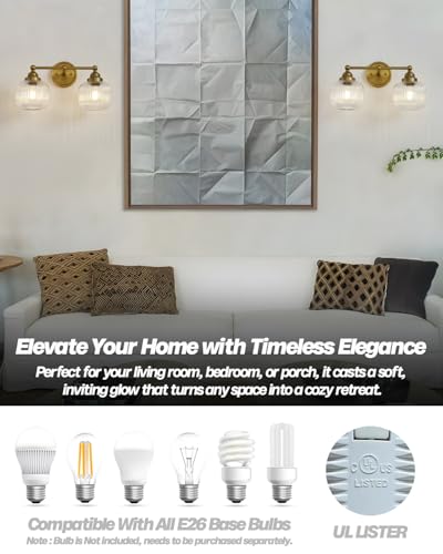 Image of Vintage 2-Lights Clear Ribbed Glass Wall Sconce Lighting | Brass Finished Double Head Bathroom Vanity Light Fixture for Bedroom Living Room Dining Room Hallway E26 Edison Screw