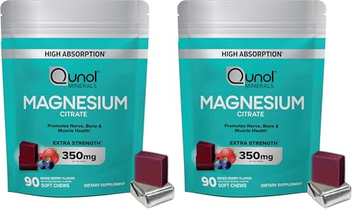 Qunol Magnesium Citrate Soft Chews, 350mg Extra Strength Magnesium Supplement, High Absorption to Support Nerve, Bone and Muscle Health, 90 Count (Pack of 2)