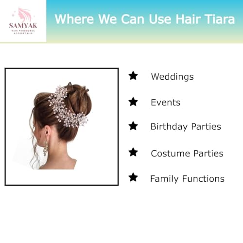 Image of Samyak Crystal Pearl Hair Vine Tiara Hair Accessory Headband Headdress Hair Jewellery For Women | Hair Pin | Bun | Hair Clip For Bridal Wedding Functions Bridesmaid, Silver, Pack of 1