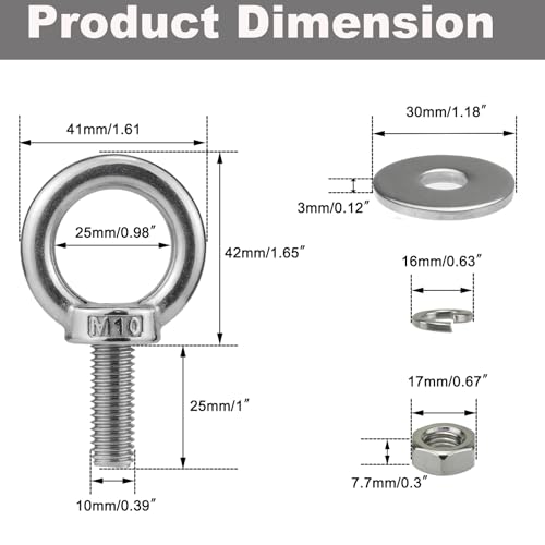 Image of M10 Stainless Steel Eye Bolts with Nuts 4 Pack, M10 x 25mm (3 /8 inch x 1 inch) Shoulder Lifting Eye Bolt for Swing Board, Heavy Duty Threaded Ring Screw Eyebolts Kits for Tie Down Straps Outdoor