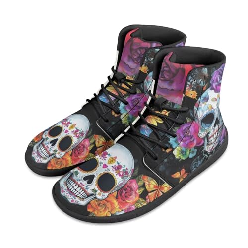Jeiento Skull Shoes Men's Barefoot Shoes High Top PU Leather Walking Shoes Light Weight Wide Toe Box Boots Lace Up Running Sneakers