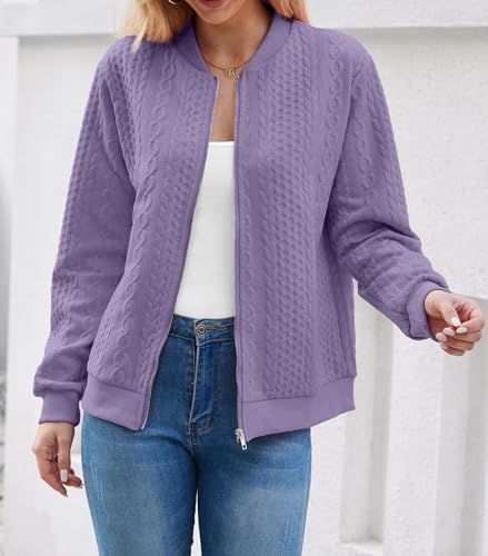Image of WROLEM Women's Zip Up Cardigan Sweater Cable Hoodies Long Sleeve Jacket Outfits Crewneck Casual Coat