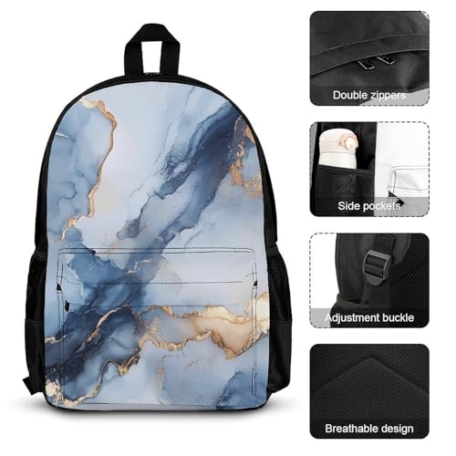 Blue Grey Marble Texture Backpack 3 Set with Lunch Bag Insulated Shoulder Meal Tote Bags Pencil Case Box Casual Daypack3