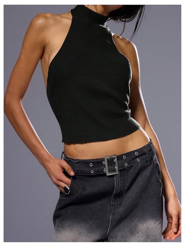 MakeMeChic Women's Sleeveless Mock Neck Sweater Tops Open Back Knit Crop Halter Top4