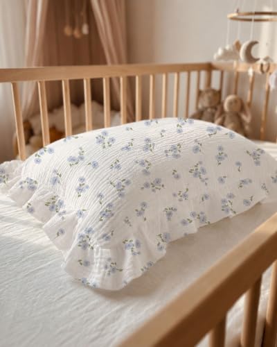 Image of Muslin Ruffled Toddler Pillowcases 13 inchx18 inch 2 Pack, Soft, Breathable Muslin Cotton Travel Pillow Covers with Envelope Closure for Baby Boys, Girls & Kids (Blue Meadow-Ruffled, 13 x 18 Inch)