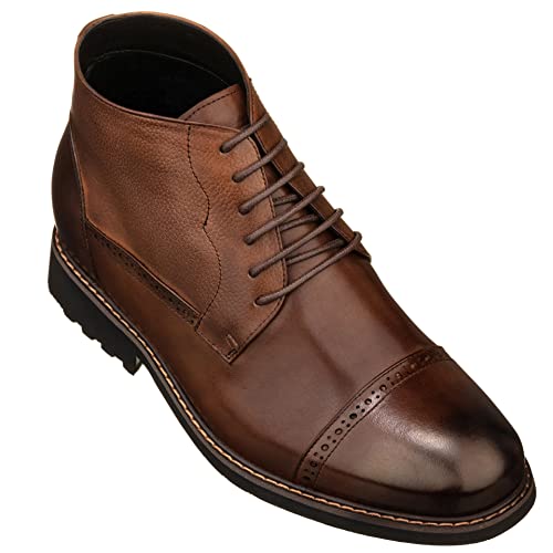 Image of CALTO Men's Invisible Height Increasing Elevator Shoes - Coffee Brown Leather Lace-up Cap-toe Boots with Inner Faux Fur - 3.2 Inches Taller - Y41084 - Size 9.5 D(M) US
