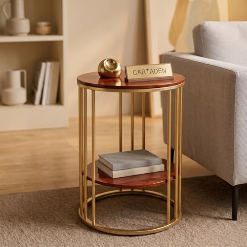 Image of CARTADEN Side Table, Small Round End Table with Lower Shelf, Nightstand for Small Spaces, Bedside Coffee Table for Living Room, Bedroom Gold Brown