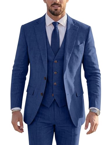 Lista de Pantalones de esmoquin para Hombre los más solicitados. 45 ZKHOECR - Traje de lino de 3 piezas para hombre, ajuste delgado, chaleco y pantalones, conjunto de esmoquin para boda, graduación, negocios, traje casual, Azul oscuro, Large