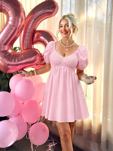 Image of Womens Babydoll Dress 2026 Summer Casual Puff Sleeve V Neck Cute Boho Smocked Flowy Short Sundress Beach Mini Dresses