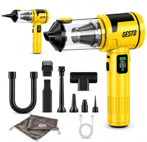 Image of Gesto HEPA Filter Enabled Vaccum Cleaner for Car & Home | Wireless | 100W Powerful Motor | 6000mAh Battery | 4-in-1 Blower, Suction, Inflation & Sealing | Digital Display | 1 Year Warranty (Yellow)