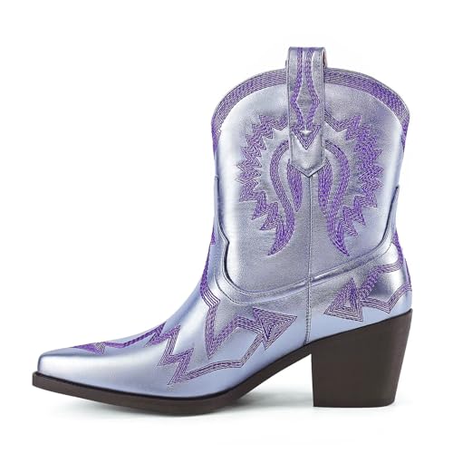 Image of HOCHFART Western Boots for Women Metallic Embroidered Pointed Toe Cowgirl Boots Chunky Heel Pull-On Short Cowboy Boots Wide Calf Country Ankle Boots