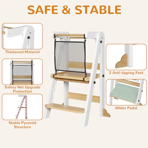 Image of ROOMTEC Foldable Toddler Kitchen Tower, 3 Adjustable Height Wooden Step Stool, Toddler Standing Tower with Safety Net for Kitchen Bathroom Sink Counter