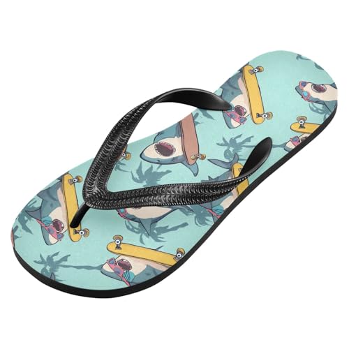 ALAZA Cute Skateboarding Shark Flip Flops for Women Fashion Beach Slippers Comfort Mens Flip Flops Non-Slip Rubber Shower Slippers Sandal for Hotel Travel Sport,XS2