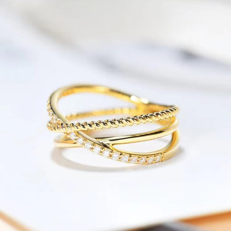 18K White Gold Plated X Ring Simulated Diamond CZ Criss Cross Ring Vintage Cross Ring in Gold Design with Multiple Layers for Women Statement Promise Ring Size 9