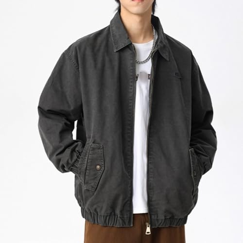 Men's Washed Cotton Bomber Jacket Fashion Zip Up Loose Fit Long Sleeve Jean Jackets3